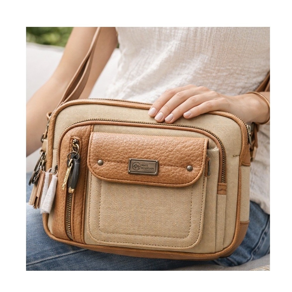 White Mountain Super Organizer Crossbody Bag Tan Beige Canvas WMH352-09-TSD NEW
